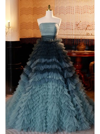 Black And Dusty Blue Ruffled Ballgown Prom Dress Strapless