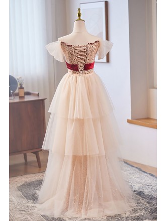 Special Off Shoulder Sequined Prom Dress with Tulle Deco