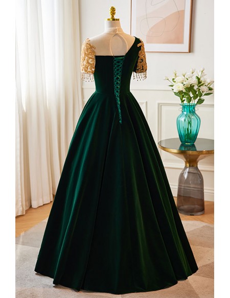 Noble Dark Green Ballgown Velvet Prom Dress with Gold Beadings