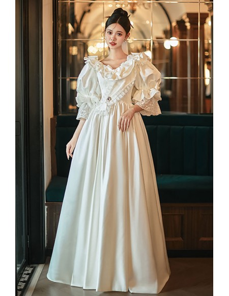 Vintage Ruffled Neckline Satin Wedding Dress with Bubble Sleeves