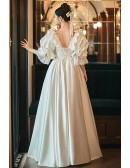 Vintage Ruffled Neckline Satin Wedding Dress with Bubble Sleeves
