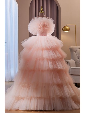 Stunning Ruffled Tulle Pink Ballgown Prom Dress