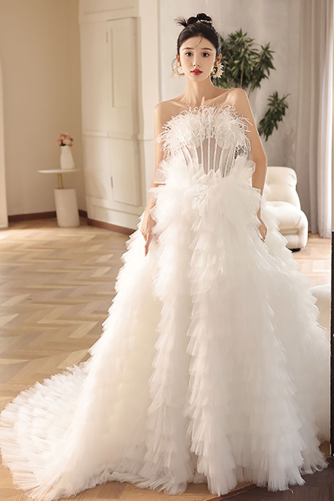 Feather ball gown wedding dress best sale