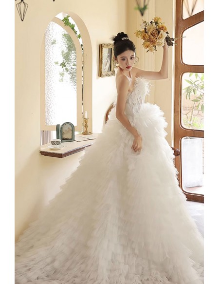 White Puffy Ballgown Tulle Wedding Dress Strapless with Feathers