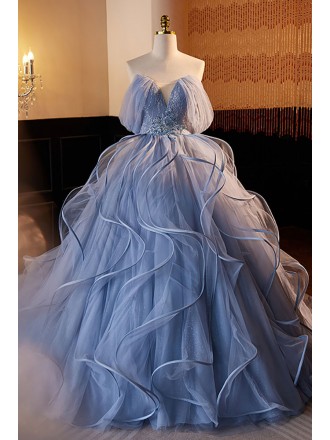 Beautiful Blue Ruffed Ballgown Prom Dress with Appliques