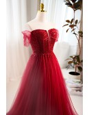 Burgundy Long Tulle Prom Dress Off Shoulder with Beadings