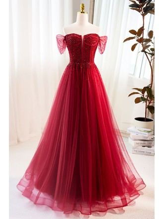 Burgundy Long Tulle Prom Dress Off Shoulder with Beadings