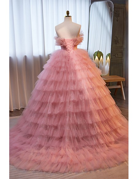 Cute Pink Puffy Ballgown Prom Dress Strapless