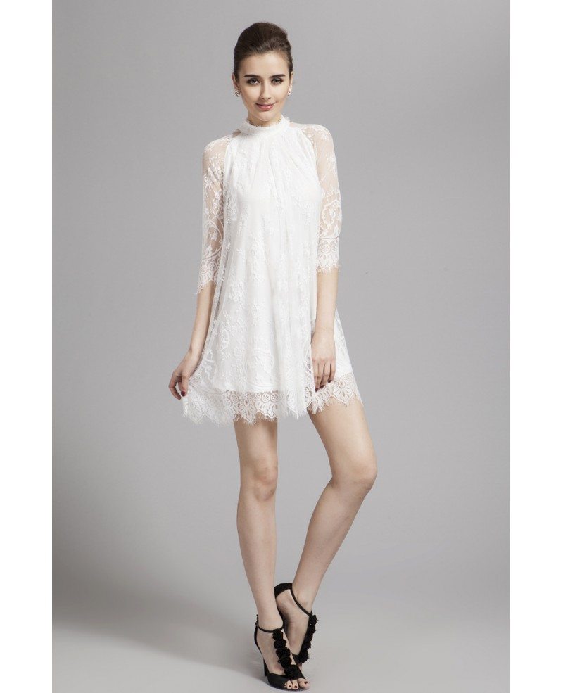 White High Neck Mini Dress with Lace Sleeves #DK151 $78.2 - GemGrace.com