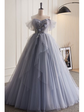 Beautiful Silver Grey Ballgown Tulle Princess Prom Dress with Ruffles