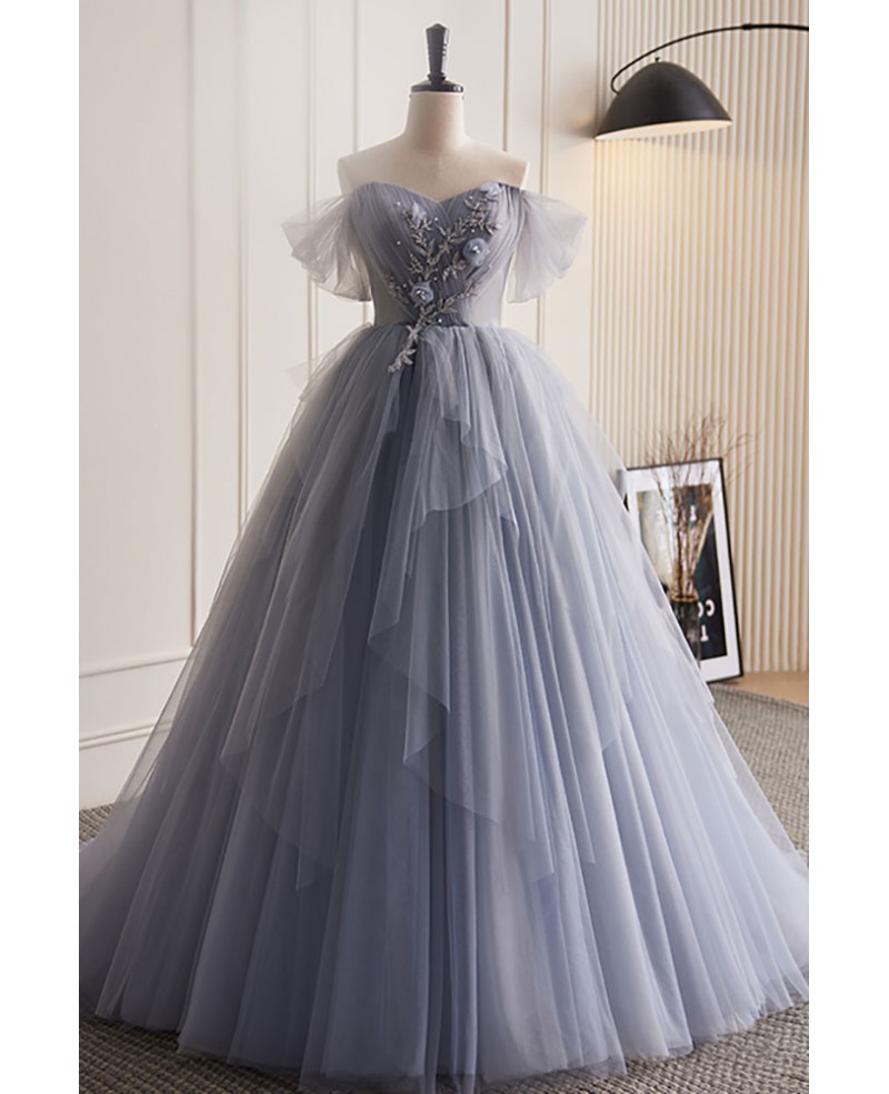 Sparkly grey sleeveless or drop sleeves ball gown wedding/prom dress with  glitter tulle and court train - various styles