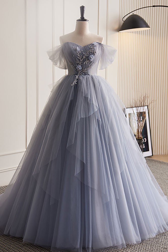 Beautiful Silver Grey Ballgown Tulle Princess Prom Dress with Ruffles # ...