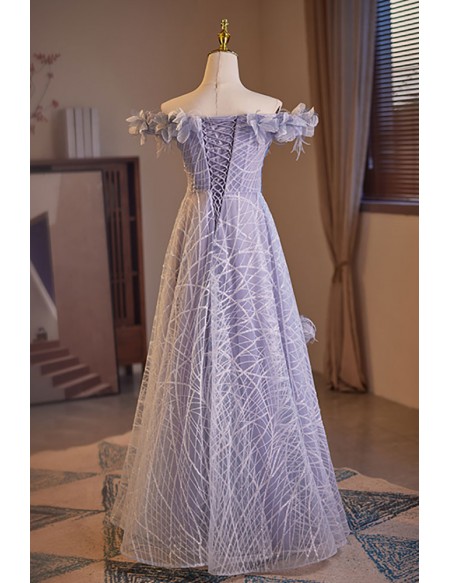 Elegant Off Shoulder Purple Prom Dress with Petals
