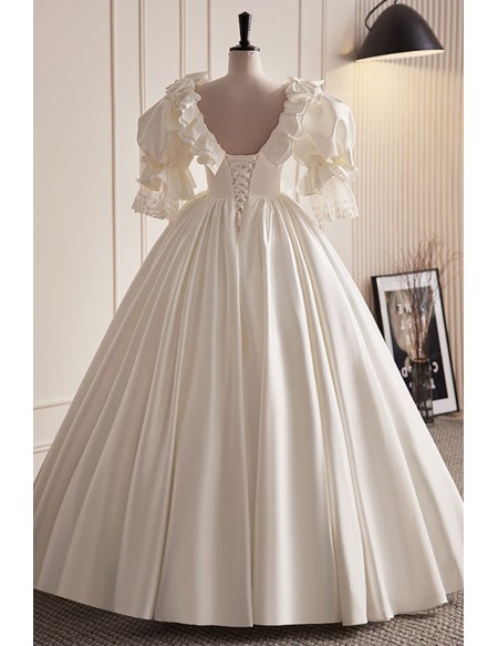 Vintage Unique Satin Vneck Wedding Dress with Bubble Sleeves