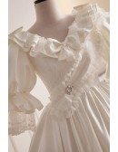 Vintage Unique Satin Vneck Wedding Dress with Bubble Sleeves