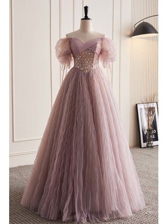 Gorgeous Purple Pink Tulle Cute Prom Dress with Bubble Sleeves
