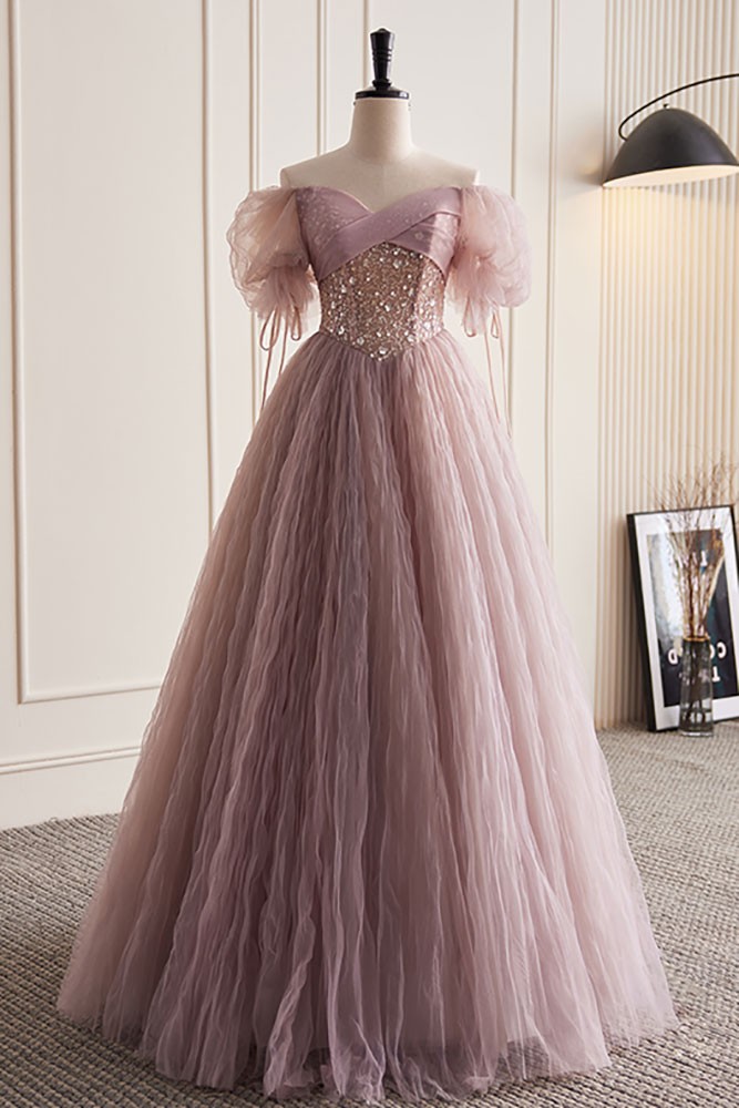 Gorgeous Purple Pink Tulle Cute Prom Dress with Bubble Sleeves #MX18079 ...