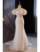 Romantic Off Shoulder Mermaid Lace Wedding Party Dress with Train