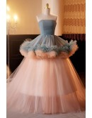 Unique Dusty Blue And Pink Puffy Tulle Ballgown Prom Dress Strapless