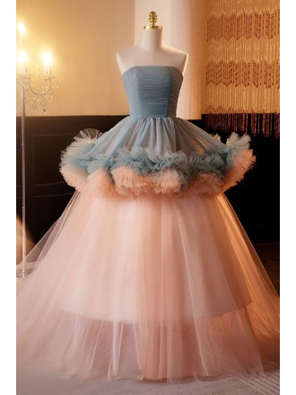 Unique Dusty Blue And Pink Puffy Tulle Ballgown Prom Dress Strapless