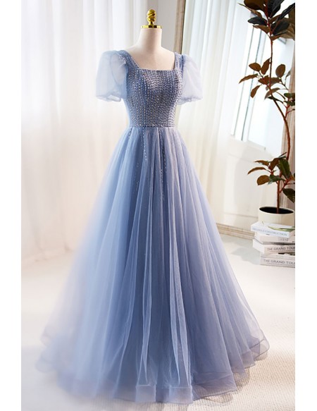 Modest Square Neck Sequined Blue Tulle Prom Dress Short Sleeved