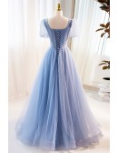 Modest Square Neck Sequined Blue Tulle Prom Dress Short Sleeved
