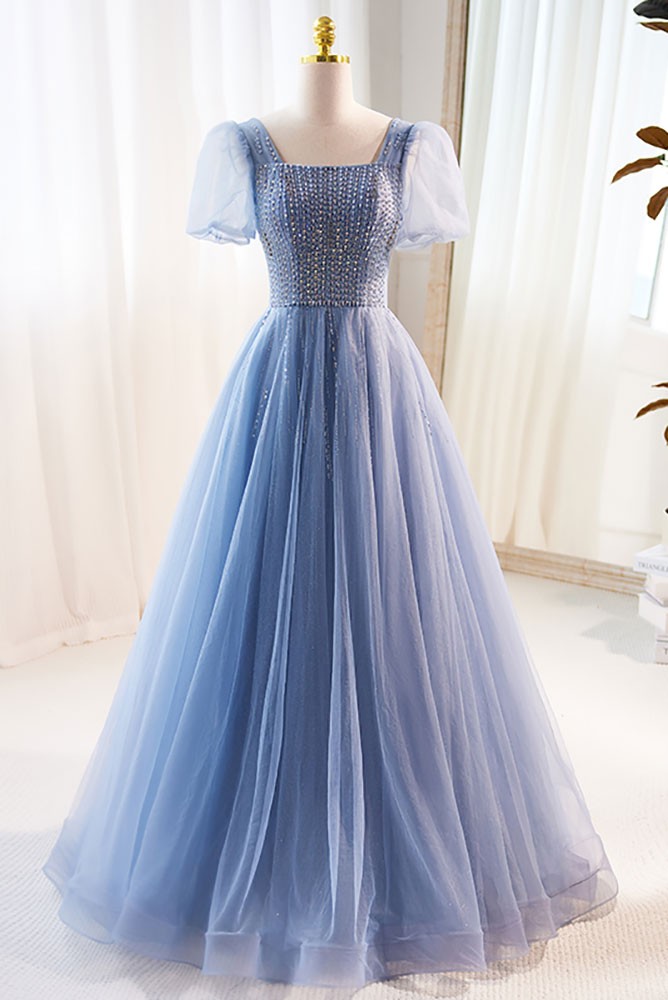 Square Neck Long Sleeve Tulle Short Dress Slate Blue