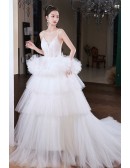 Pretty Ruffled White Ballgown Prom Dress with Spaghetti Straps