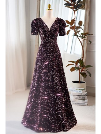 Modest Vneck Sparkly Sequined Purple Prom Dress with Short Sleeves