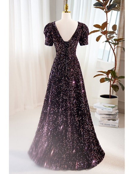 Modest Vneck Sparkly Sequined Purple Prom Dress with Short Sleeves