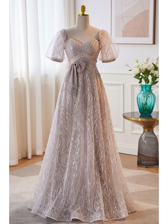 Gorgeous Silver Grey Sequined Empire Long Prom Dress with Bubble Sleeves