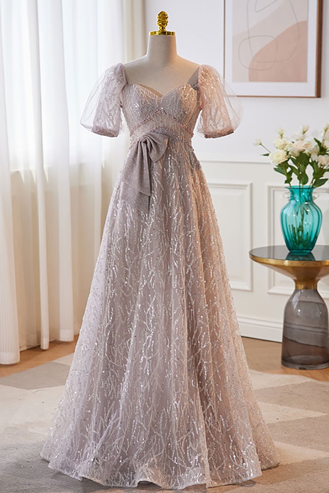 silver long grey evening prom dress with bing sleeves   cg12331 main image 0