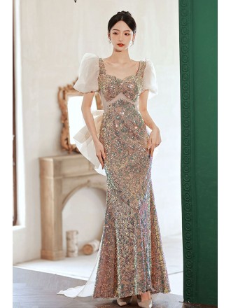 Champagne Sequined Bling Mermaid Prom Dress with Bow Knot