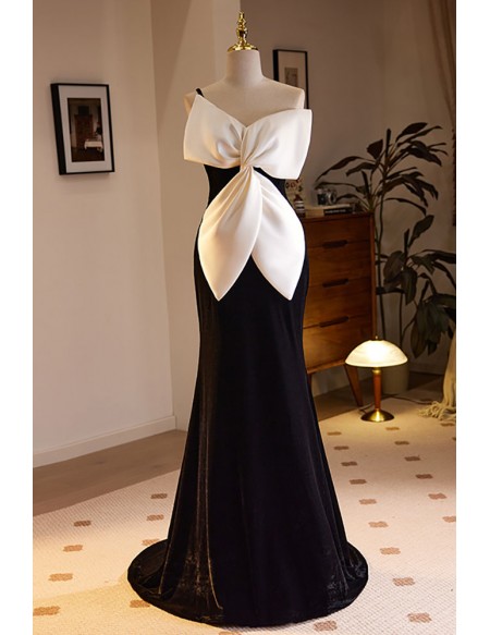Black And White Mermaid Long Evening Dress with Big Bow Front