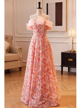Pink Floral Sequined Strapless Aline Prom Dress For Parties