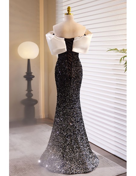 Formal Long Black Sequined Evening Prom Dress Off Shoulder