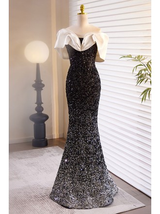 Formal Long Black Sequined Evening Prom Dress Off Shoulder