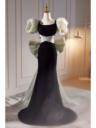Unique Black Mermaid Long Prom Dress with Bubble Sleeves Big Bow