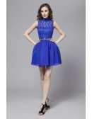 Chic High Neck Tulle Lace Short Prom Dress With Beading