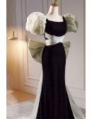 Unique Black Mermaid Long Prom Dress with Bubble Sleeves Big Bow