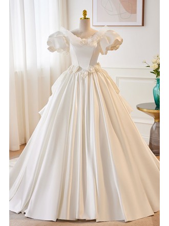Retro White Satin Ballgown Wedding Dress with Bubble Sleeves