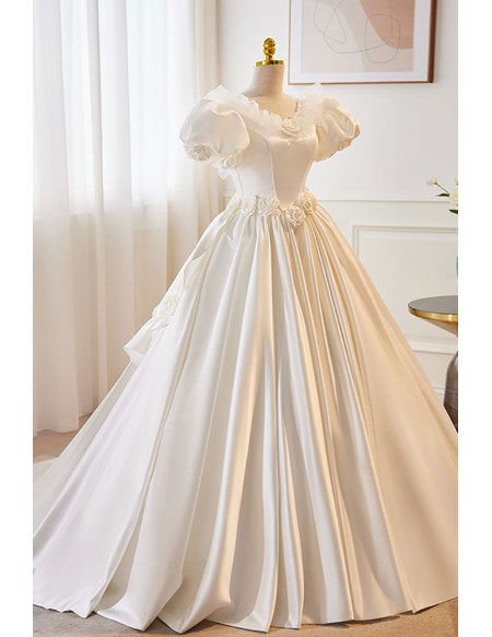 Retro White Satin Ballgown Wedding Dress with Bubble Sleeves