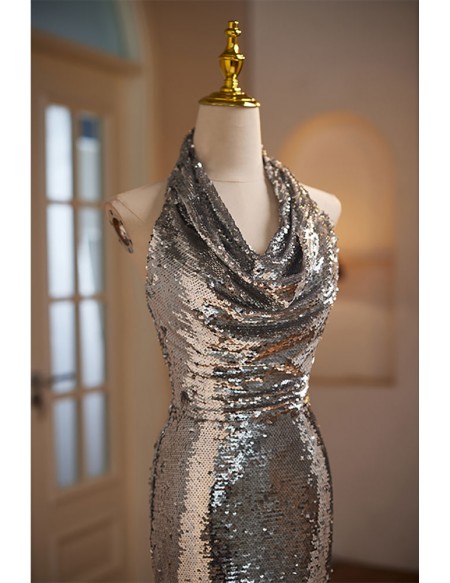 Silver Long Halter Sparkly Mermaid Formal Dress