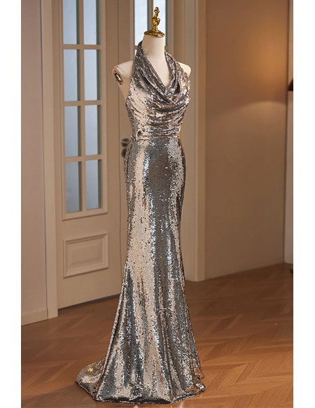 Silver Long Halter Sparkly Mermaid Formal Dress