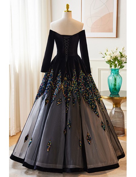 Unique Off Shoulder Long Sleeved Ballgown Prom Dress with Blings