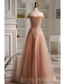 Elegant Champagne Tulle Sequined Prom Dress Off Shoulder