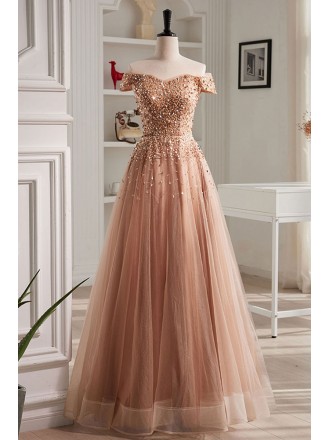 Elegant Champagne Tulle Sequined Prom Dress Off Shoulder