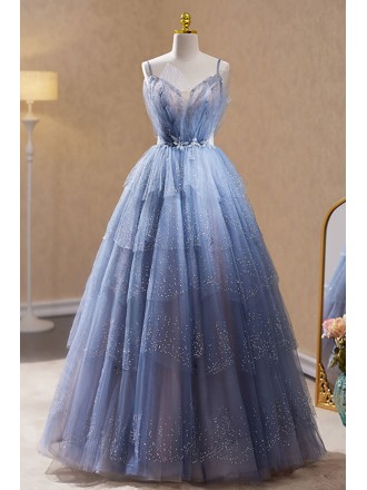 Dreamy Blue Sequined Tulle Ballgown Prom Dress with Bling