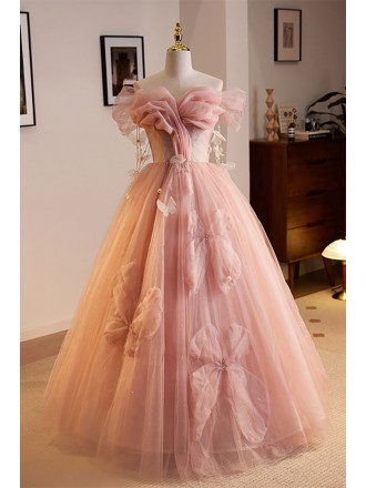 Beautiful Ballgown Pink Off Shoulder Prom Dress with Flowers