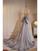 Noble Champagne Sequined Long Halter Prom Dress with Big Bow Train